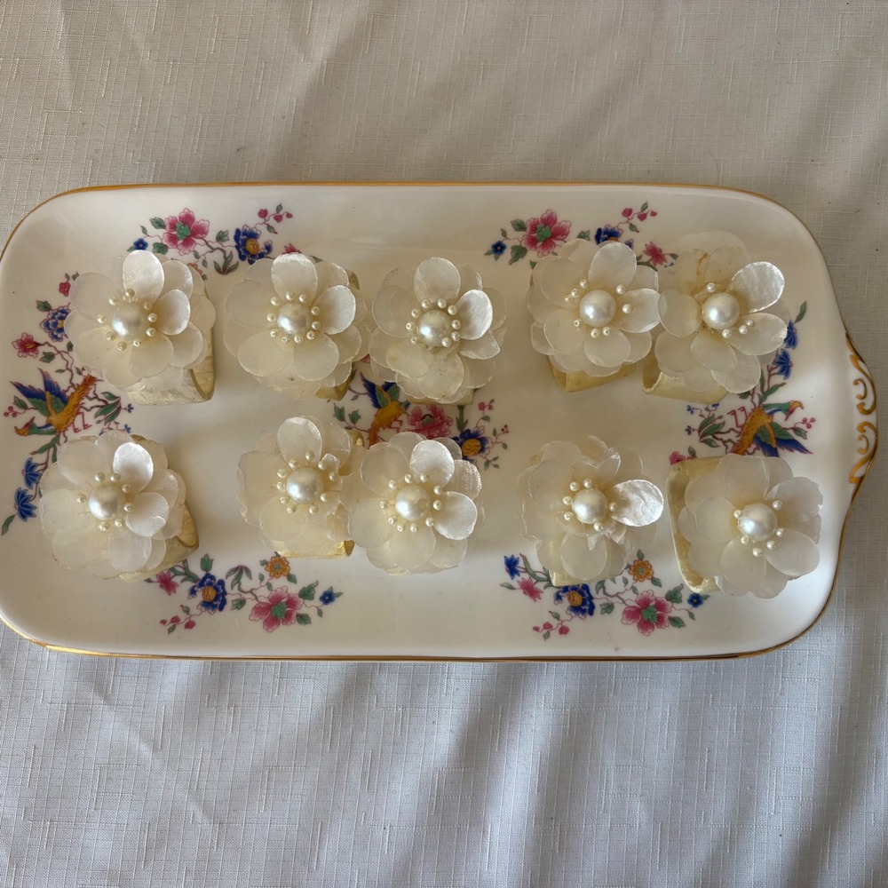Vintage Capiz Shell Flower Napkin Rings Set of 10 Faux Pearl Ivory